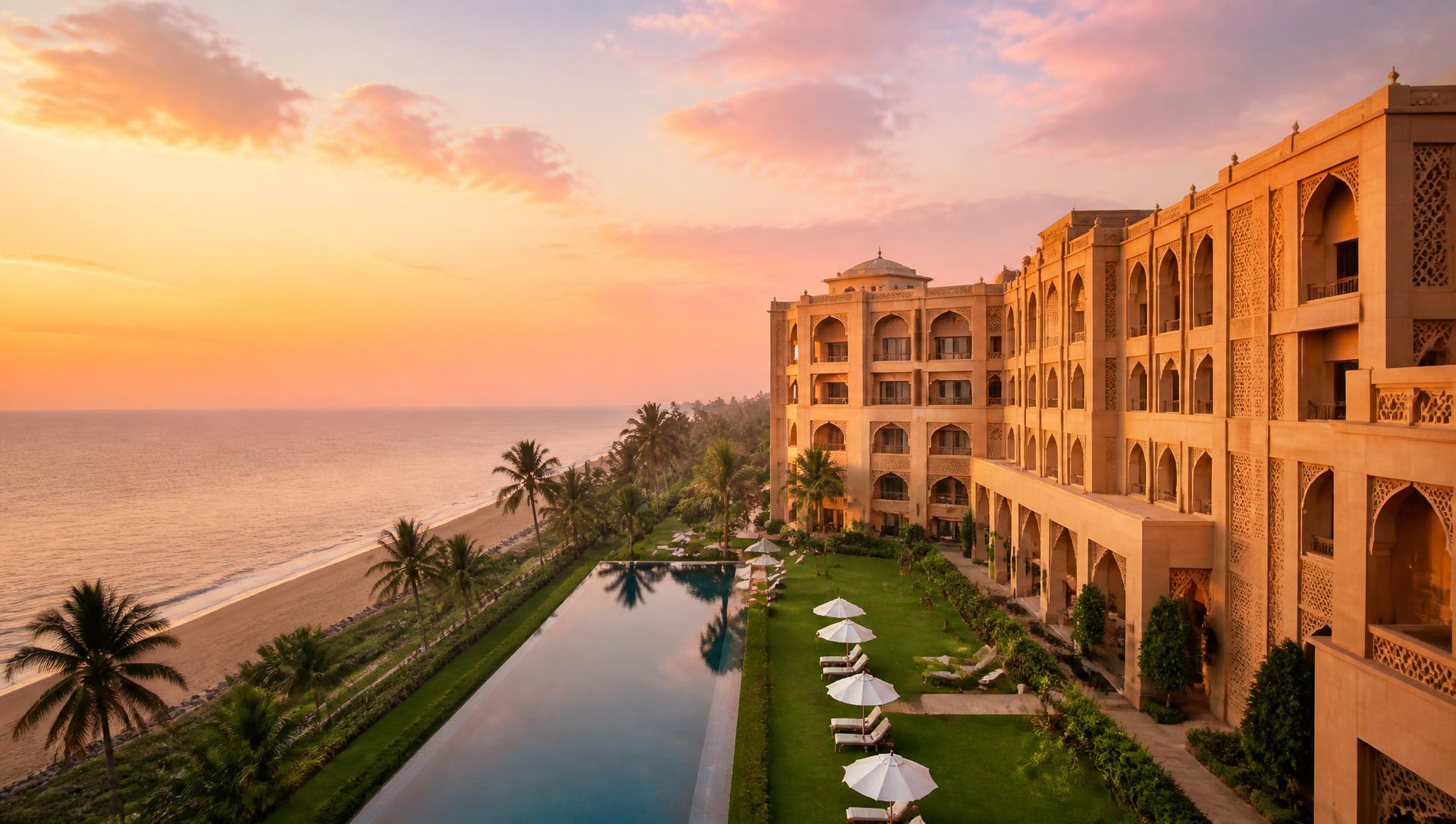 Hotel Sonar Bangla at sunset with its infinity pool above Puri beach