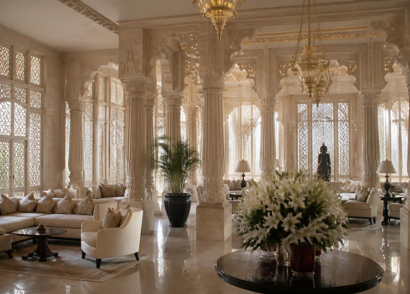 The hotel lobby with carved columns and brass lamps