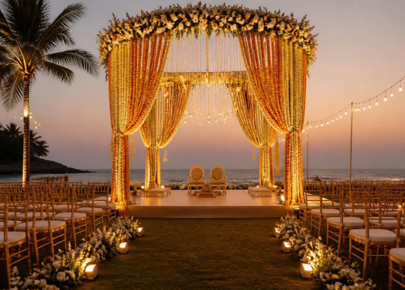 Beachfront wedding mandap with marigold garlands at dusk